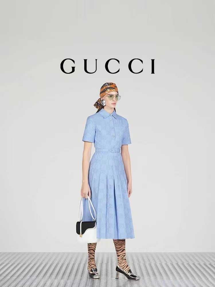 GUCCI GG PRINT BELT POPLIN SHIRT DRESS