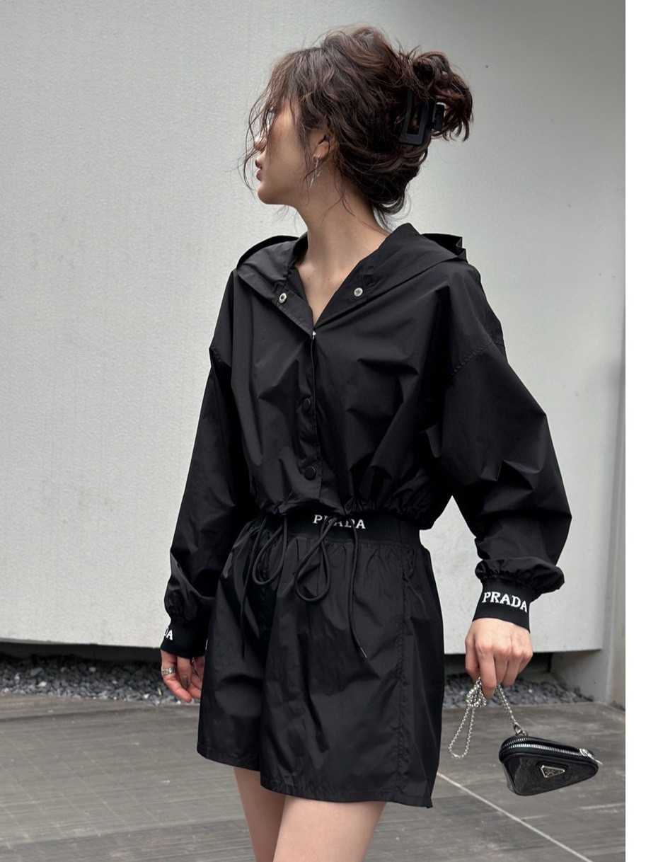 PRADA HOODED CROP JACKET WITH SHORT PANTS