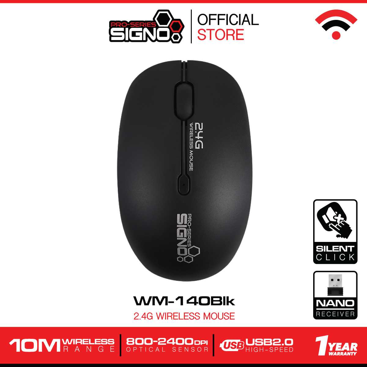 Signo 2.4G Wireless Optical Mouse รุ่น WM-140 BLK (Black) (เมาส์ ไร้สาย)