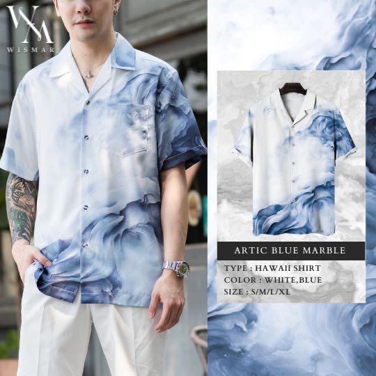 เสื้อเชิ้ตฮาวายแขนสั้นลายหินอ่อน(อาร์คติก บลู): Hawaii Artic Blue  Marble Shirt(Short-Sleeve)