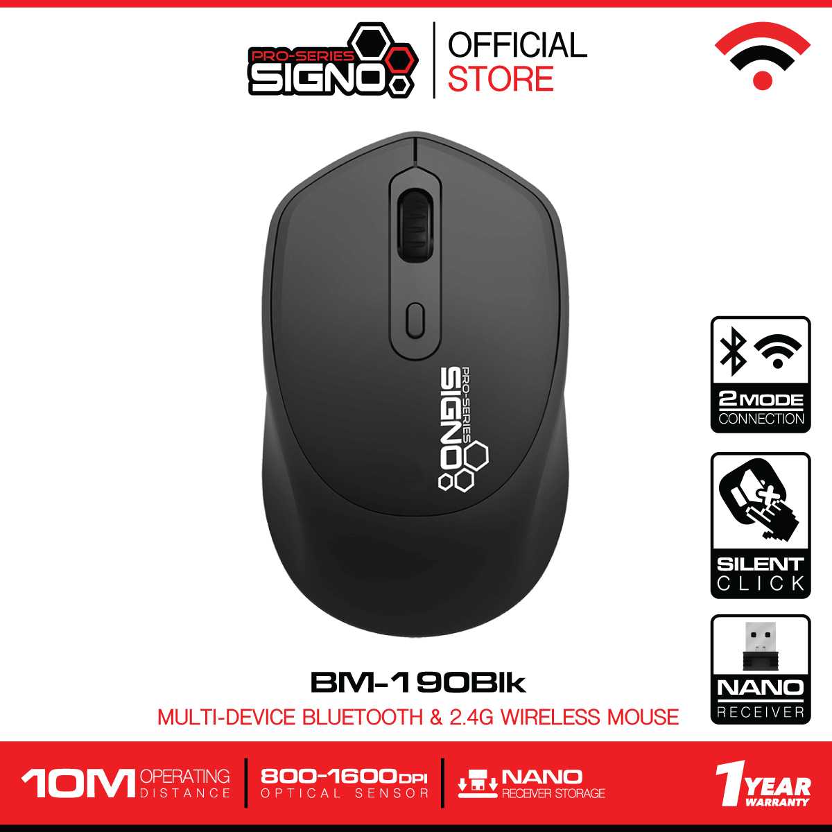 Signo Bluetooth & 2.4G Wireless Optical Mouse รุ่น BM-190 BLK (เมาส์บลูทูธไร้สาย)