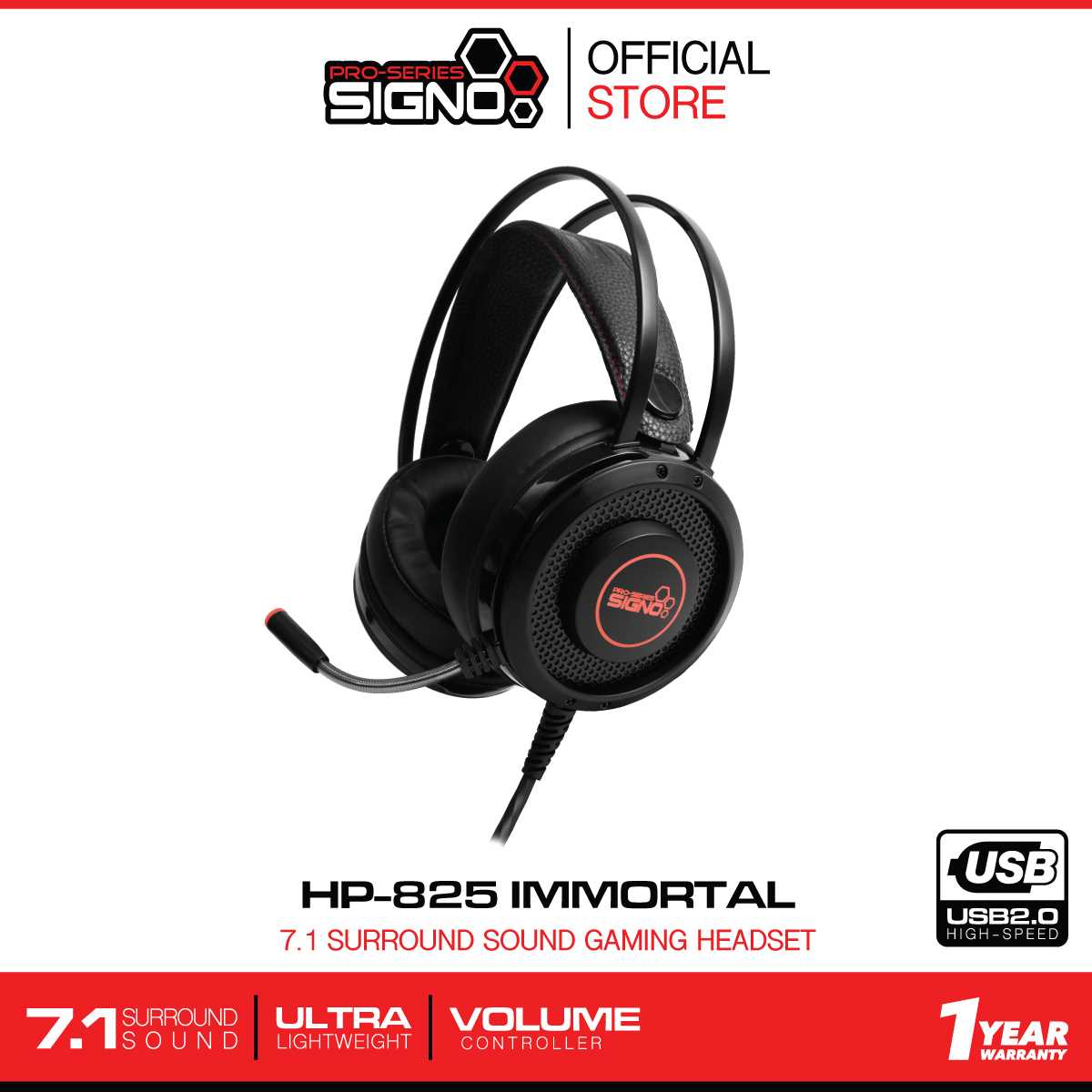 SIGNO 7.1 Surround Sound Gaming Headphone IMMORTAL รุ่น HP-825 (Black) (หูฟัง เกมส์มิ่ง)