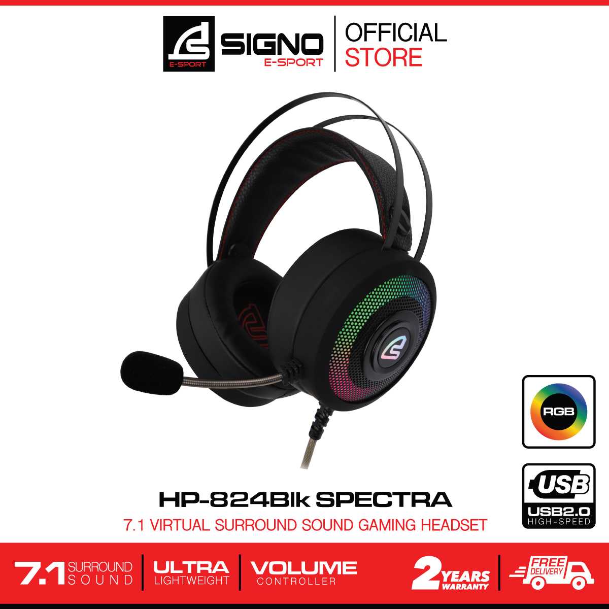 SIGNO E-Sport 7.1 Surround Sound Gaming Headphone SPECTRA รุ่น HP-824 (Black) (หูฟัง เกมส์มิ่ง)