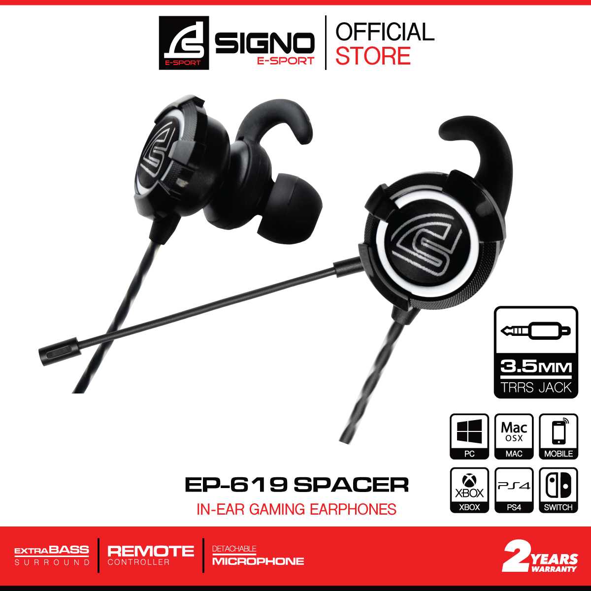 SIGNO E-Sport In-Ear Gaming Headphone SPACER รุ่น EP-619 (Black) (หูฟัง เกมส์มิ่ง)