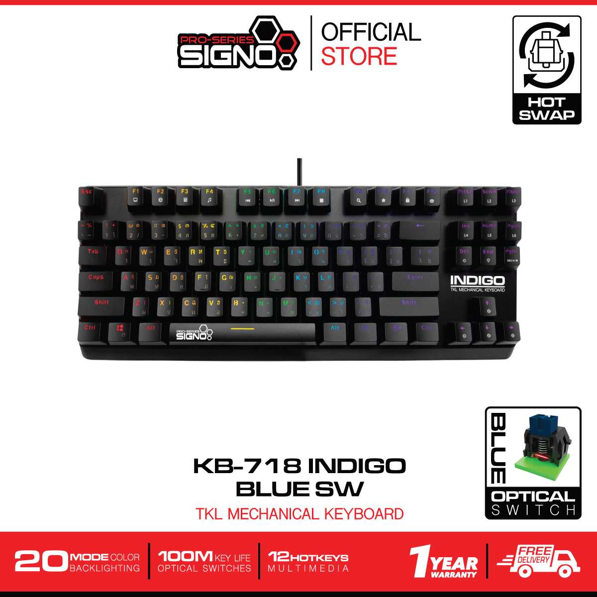 SIGNO E-Sport TKL Mini RGB Mechanical Gaming Keyboard INDIGO รุ่น KB-718 (Blue Optical Switch)