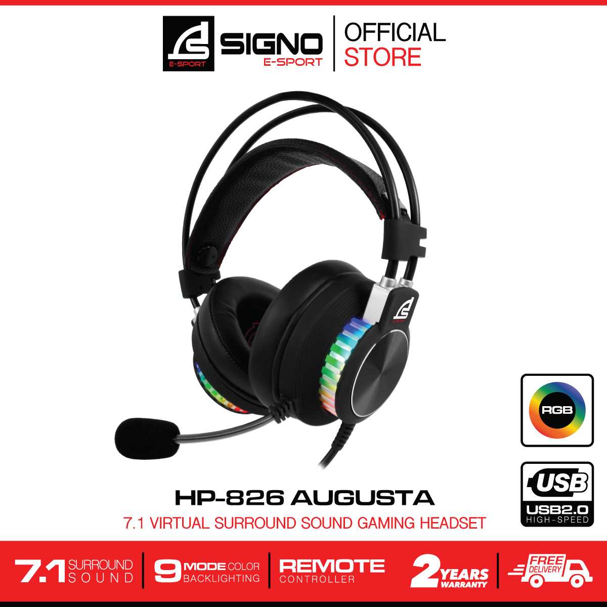 SIGNO E-Sport 7.1 Surround Sound Gaming Headphone AUGUSTA รุ่น HP-826 (Black)