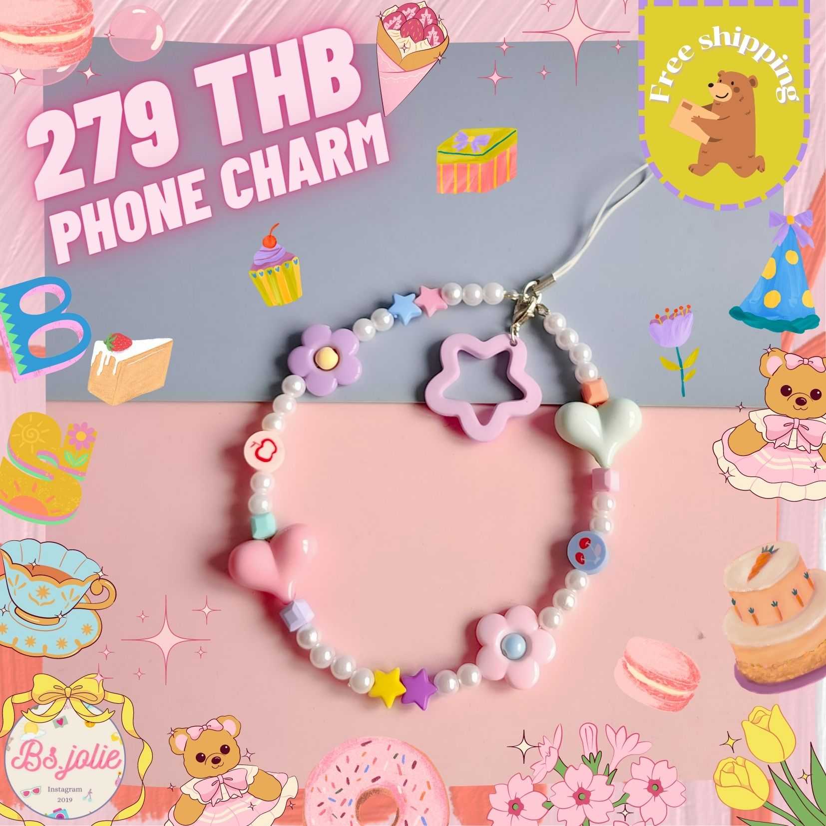 Phone charm ลูกปัดหัวใจจี้ดาว