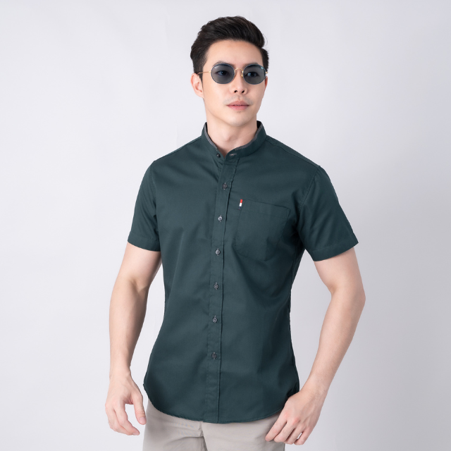 เสื้อเชิ้ตคอจีนสีพื้นแขนสั้น (สีเขียว)