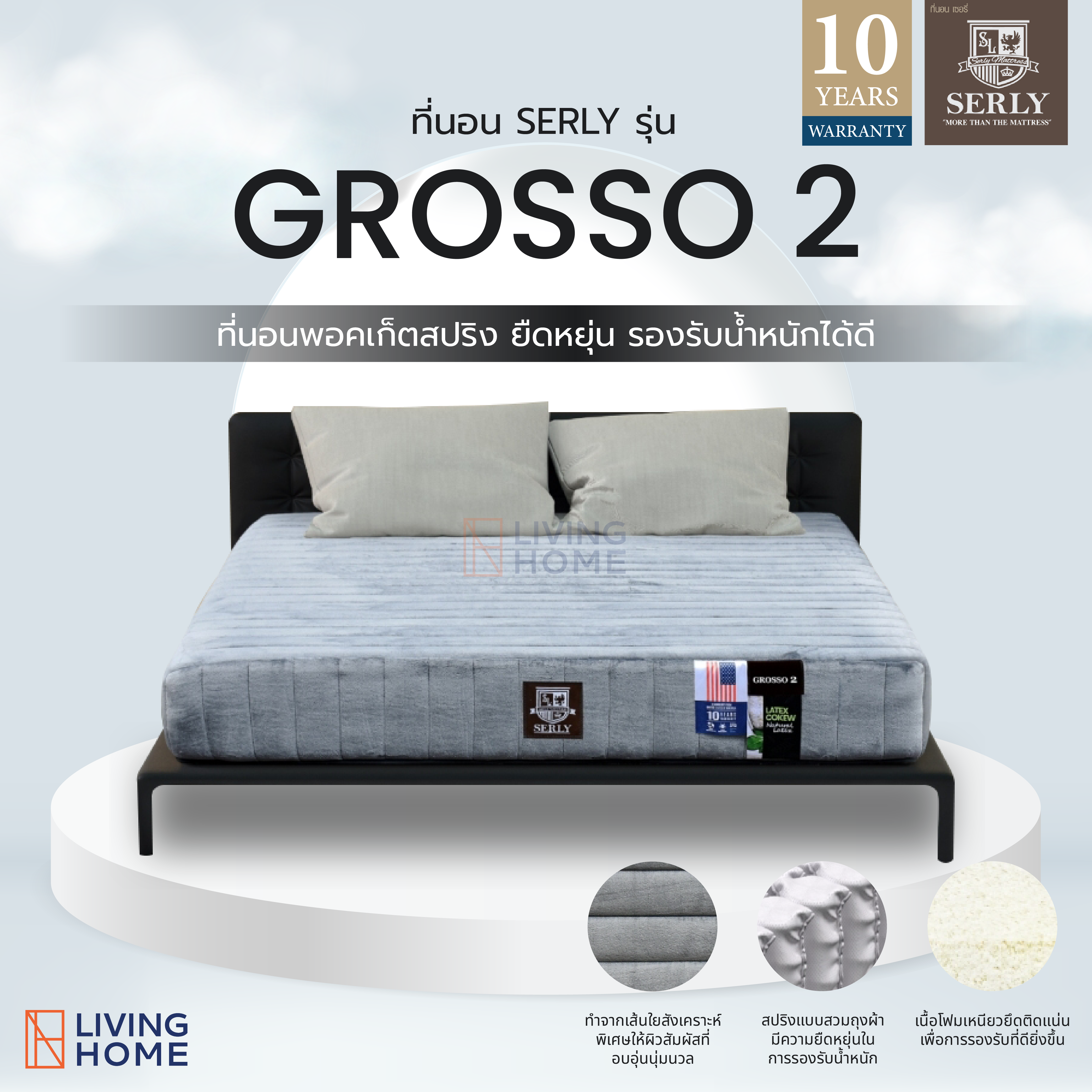 ที่นอนพ็อกเก็ตสปริงเซอรี่ 3.5 , 5 , 6 ฟุต หนา 11 นิ้ว รุ่น GROSSO-2 (กรอสโซ่-2) พรีออเดอร์