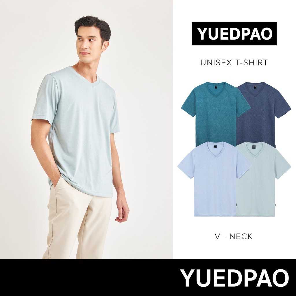 Yuedpao ยืดเปล่า เสื้อยืดคอวี ผ้านุ่มใส่สบาย ไม่ย้วย ยับยาก เสื้อยืดสีพื้น คอวี - Set Sea Blue