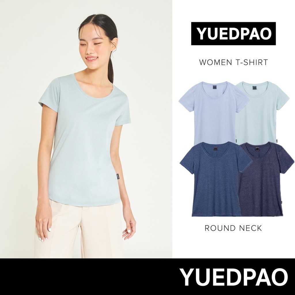 Yuedpao⚡ยืดเปล่า เสื้อยืดผู้หญิงคอกลม ทรงเข้ารูป ไม่ย้วย ยับยาก เสื้อยืดสีพื้น ผู้หญิง -Set Sea Blue