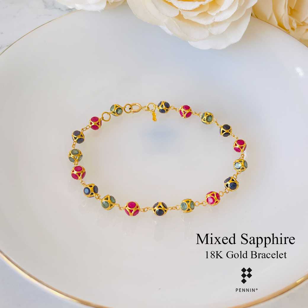 CAB0121 สร้อยข้อมือตะกร้อทองคำ 18K ทับทิมพม่า ไพลิน เขียวส่อง  6mm คั่นโซ่ทอง ยาว 18 cm (แก้ขนาดได้)