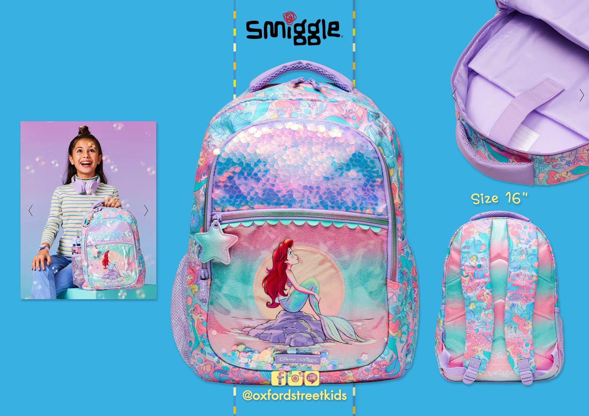 ✅  Smiggle Disney Princess Backpack 16” กระเป๋าเป้ เจ้าหญิงแอเรียล 16 นิ้ว
