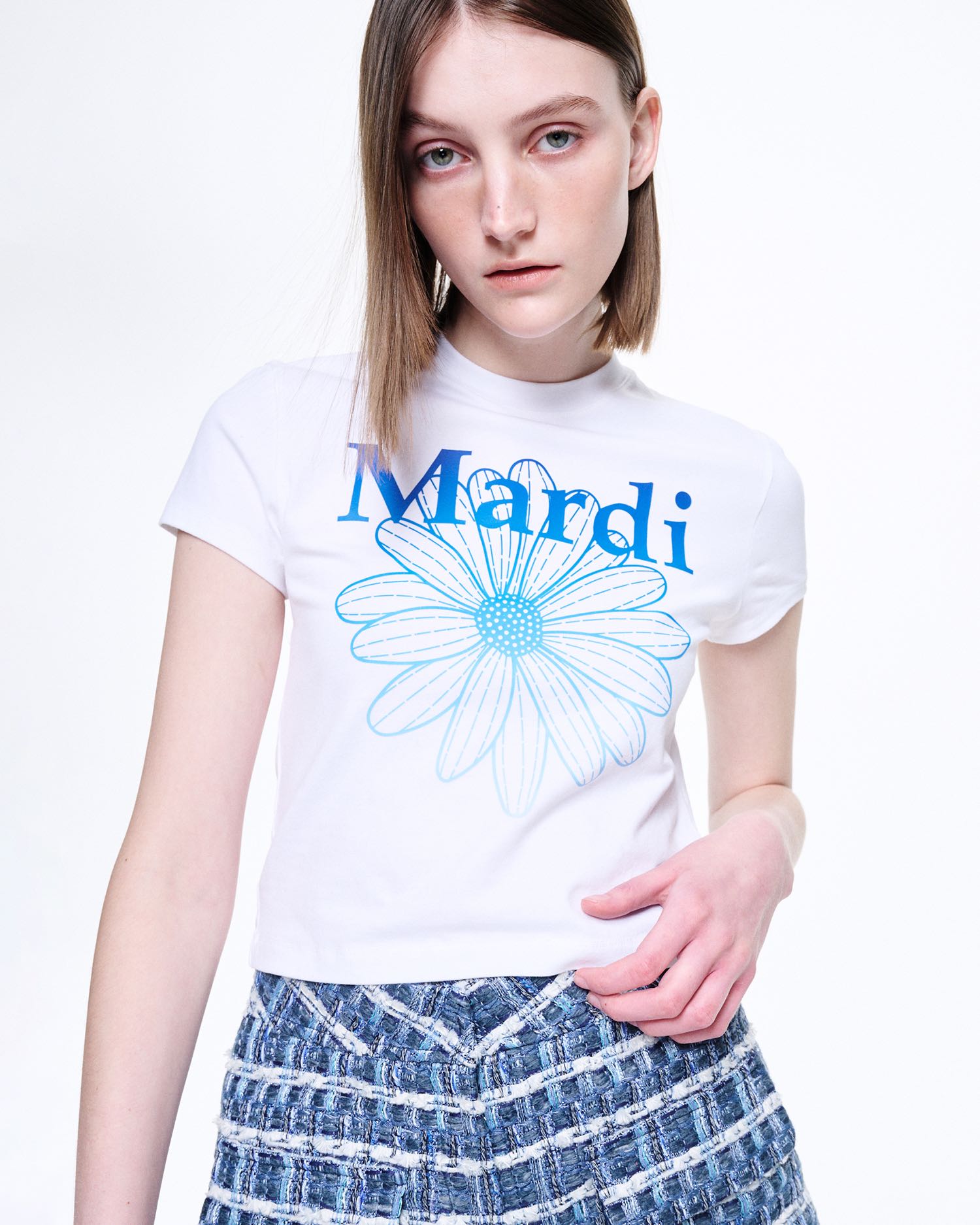 CROPPED TSHIRT FLOWERMARDI GRADATION_WHITE BLUE 