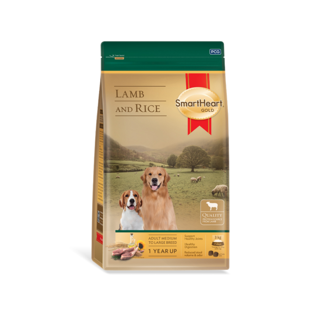 SmartHeart Gold สมาร์ทฮาร์ท โกลด์ อาหารสำหรับสุนัขโต พันธุ์ใหญ่ รสเนื้อแกะ & ข้าว 3 kg.