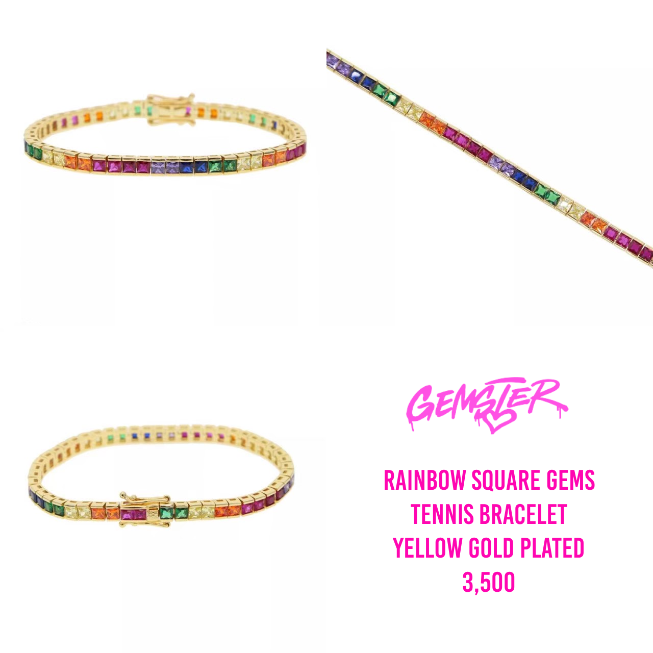 [พร้อมส่ง] Rainbow Square Gems Tennis Bracelet Gold plated