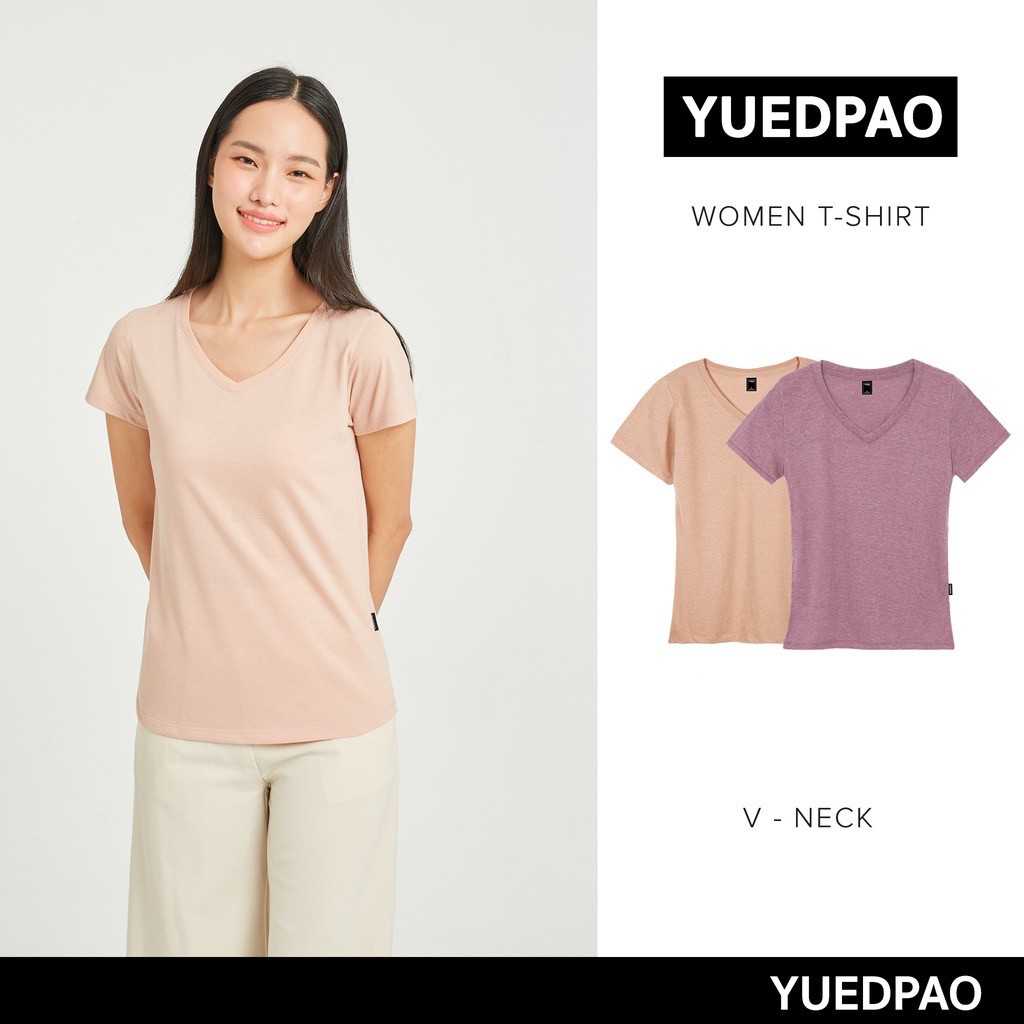 Yuedpao⚡ยืดเปล่า เสื้อยืดผู้หญิงคอวี ทรงเข้ารูป ไม่ย้วย ยับยาก สีพื้น ผู้หญิง - Set berry milk