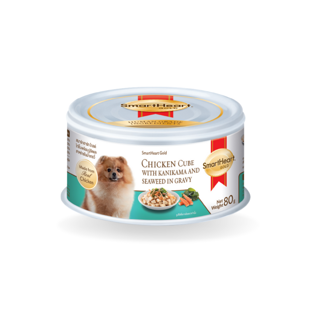 SmartHeart Gold สมาร์ทฮาร์ท โกลด์ อาหารสำหรับสุนัข กระป๋อง รสไก่ชิ้นปูอัดและสาหร่ายในน้ำเกรวี่ 80 g.