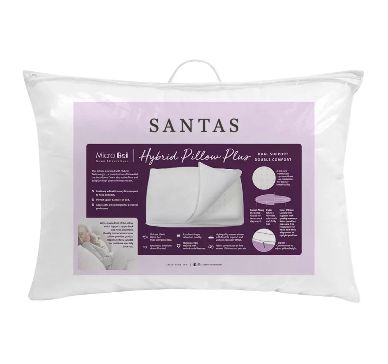 SANTAS หมอนหนุน รุ่น MICROGEL HYBRID PILLOW PLUS ขนาด 19 x 29 นิ้ว