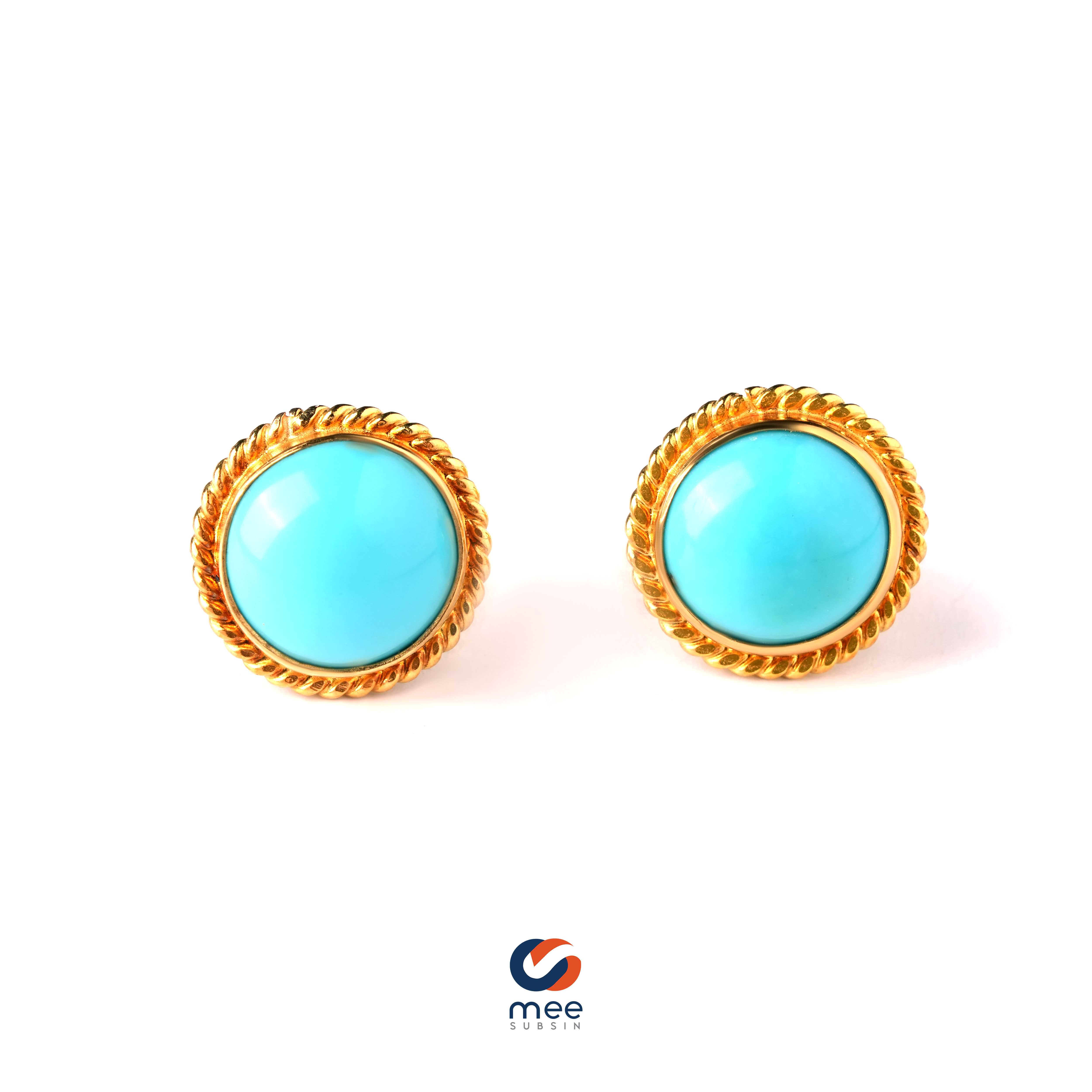ต่างหูเทอร์ควอยซ์ (Turquoise) สไตล์วินเทจ ตัวเรือนทองคำ 18k [ER230015]
