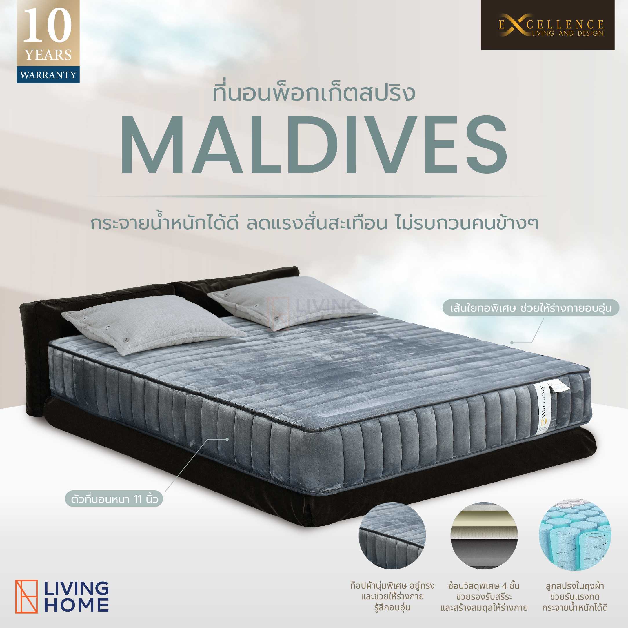ที่นอนพ็อกเก็ตสปริงเซอรี่ ขนาด 3.5 - 6 ฟุต รุ่น Maldives มัลดีฟ หนา 11 นิ้ว พรีออเดอร์