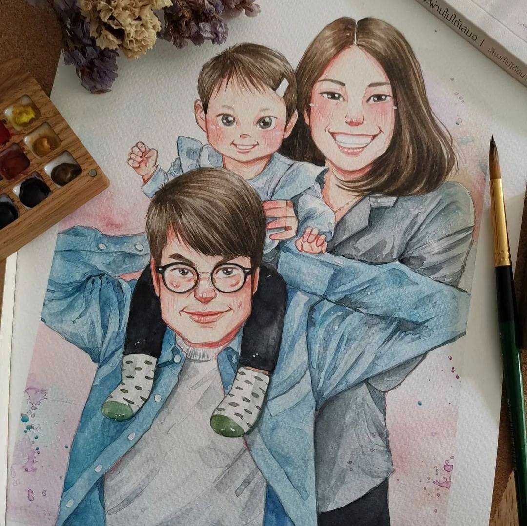 รับวาดรูป/ รูปสีน้ำ/ รูปครอบครัว/ Family portrait drawing