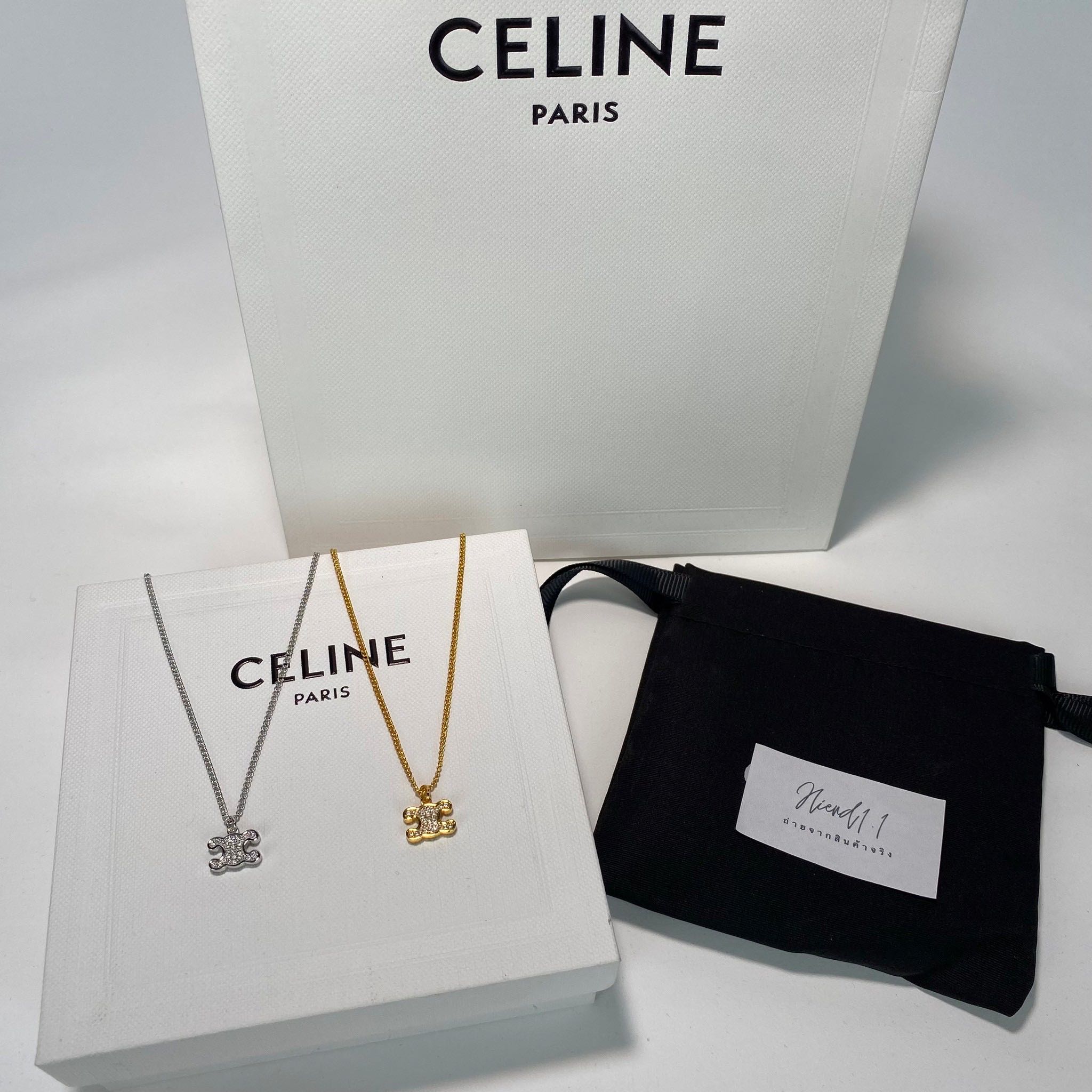 【Celine】Triomphe Rhinestone Necklace Brass Crystals Silver Céline Celine Crystal Brass Triomphe Rhinestone Necklace