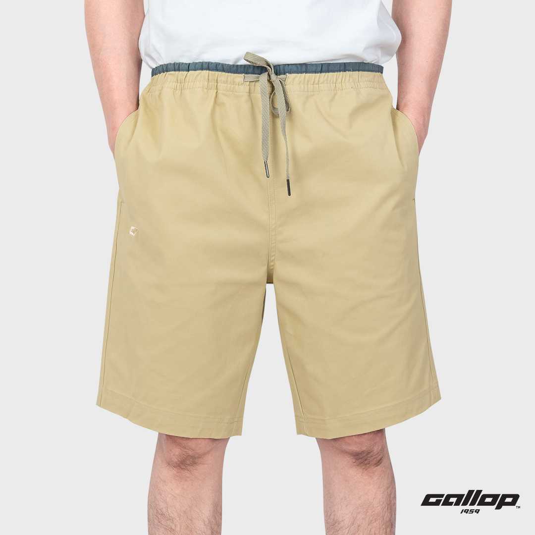 GALLOP : Men's Wear CASUAL SHORTS กางเกงขาสั้นเอวยางยืด รุ่นต่อขอบ GS9024 สีกากี