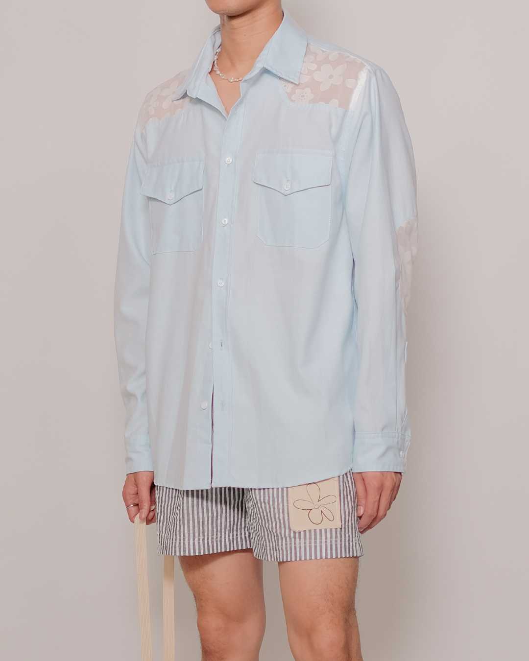 CLUB ✿ 19 Floral-Western Oxford Shirt in Light Blue