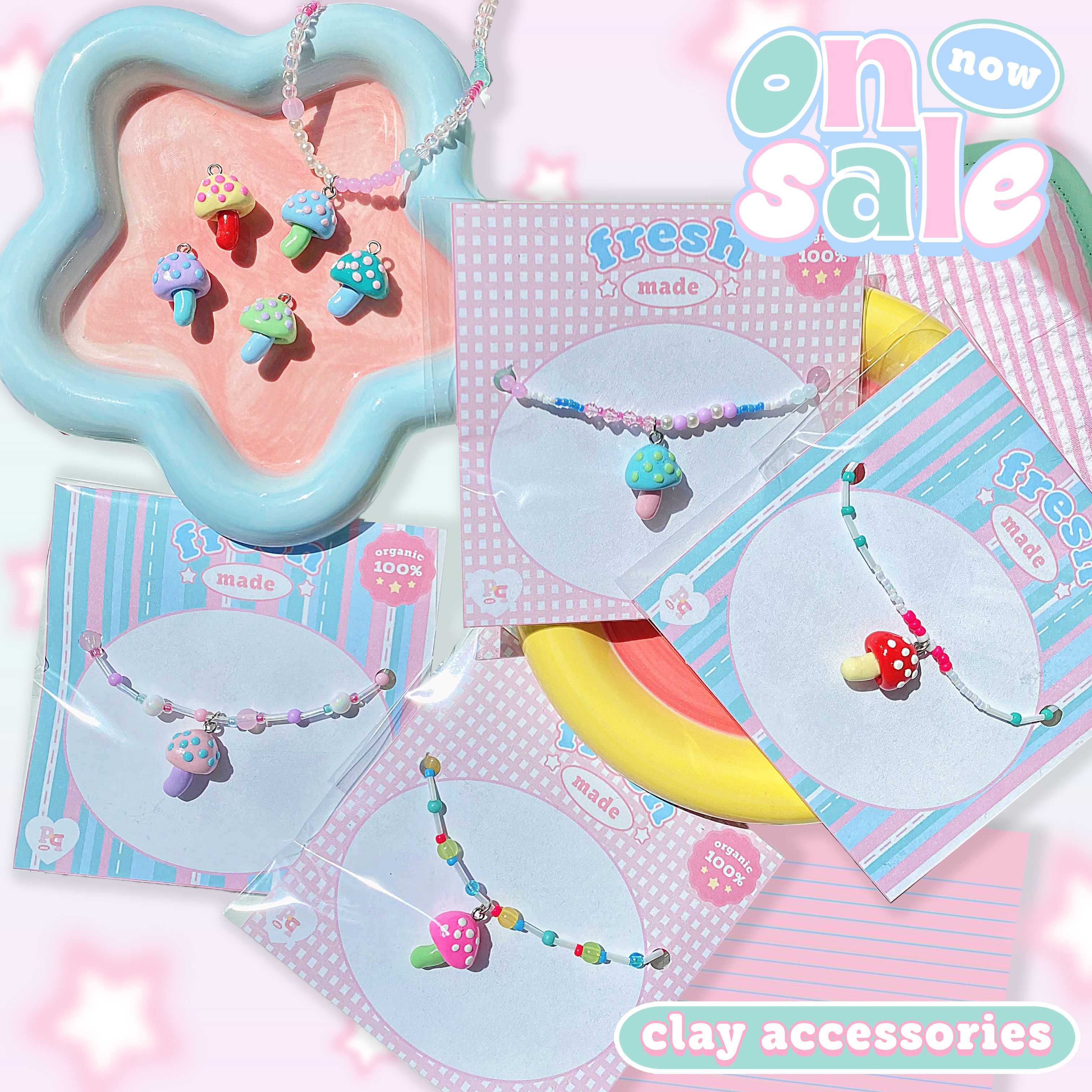 mushroom clay necklace🍄🍀⭐️(กำไล พวงกุญแจ สร้อยลูกปัด สร้อยดินปั้น จี้ดินปั้น)