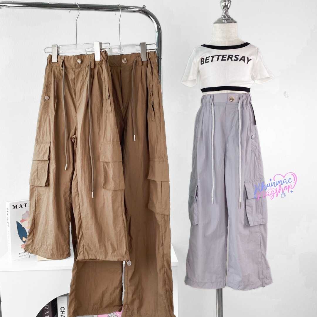กางเกงขายาวcargo y2k กระเป๋าข้าง สีเทา