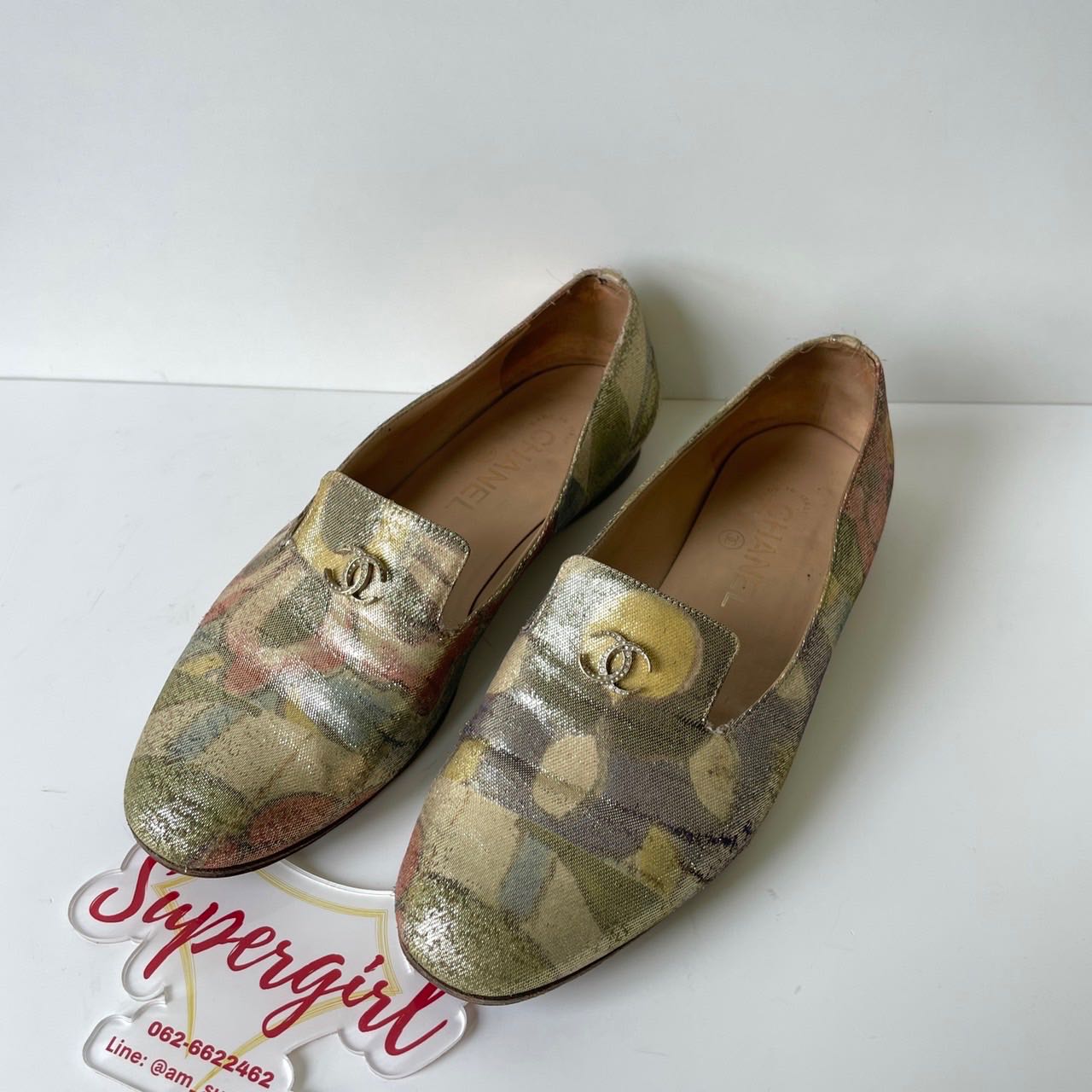 Used! Chanel Multicolour Crepe Fabric Paris-Dubai Loafers size38.5 