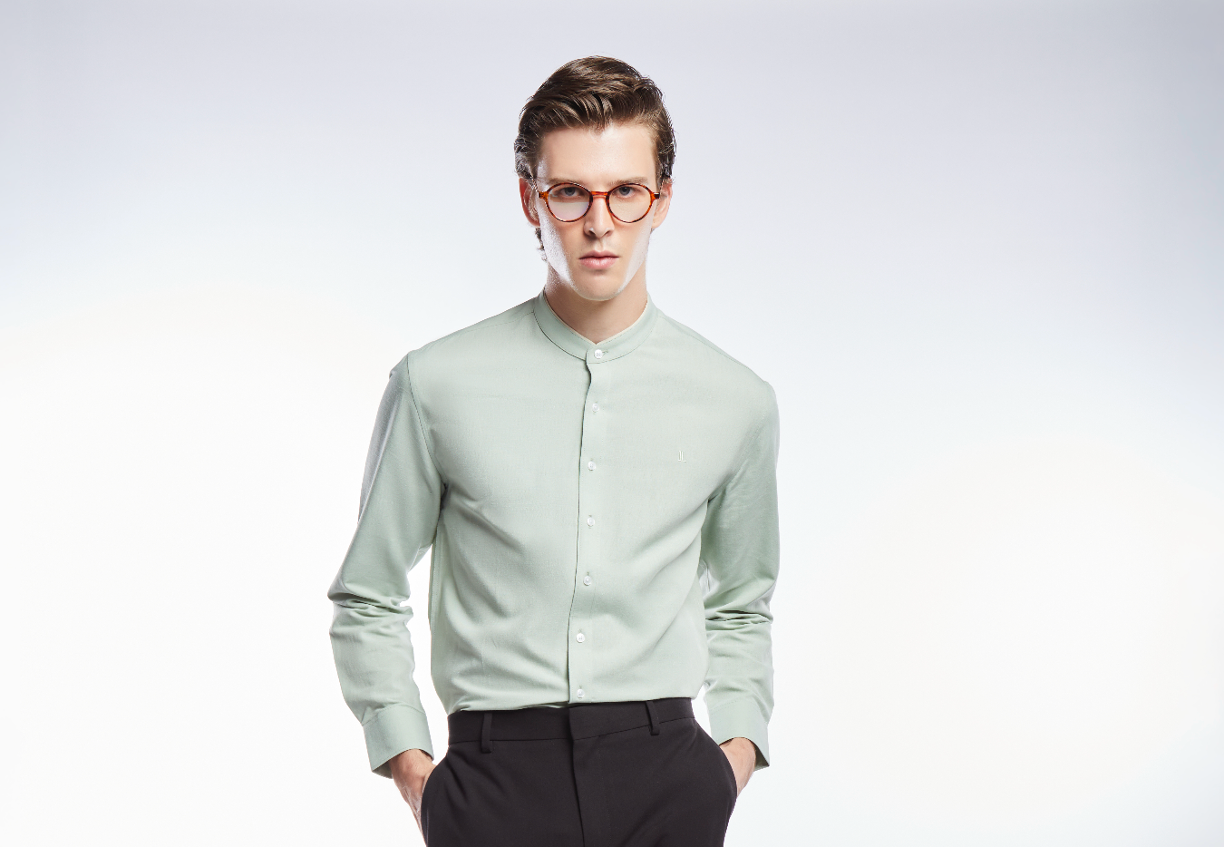 เสื้อเชิ้ตแขนยาวคอจีน สีเขียว | 03413