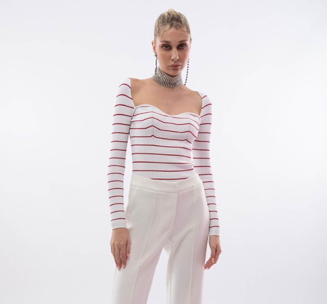 เสื้อนิตลายทางคอรูปหัวใจ | Flat Knit Heart-Shaped Neck Top | 06130