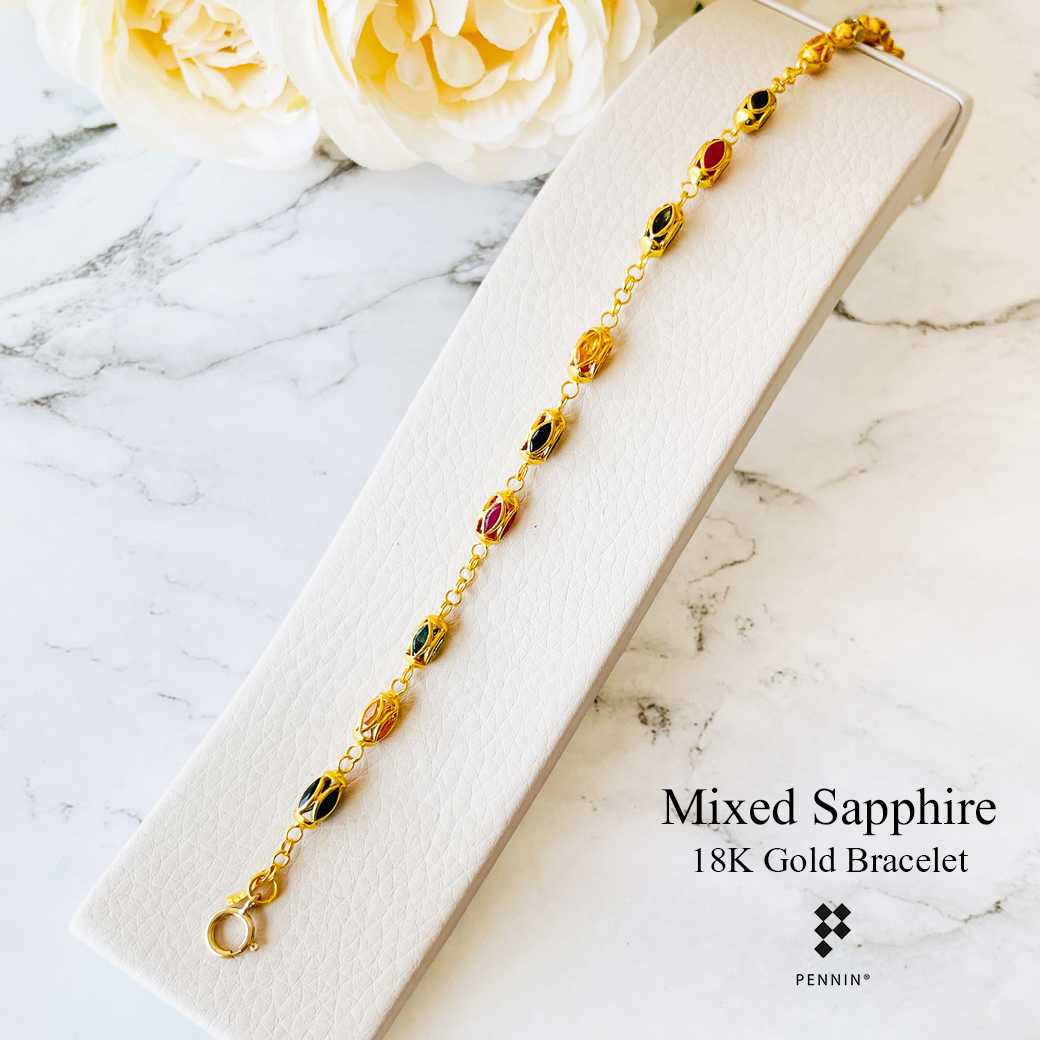CAB0321 สร้อยข้อมือทองแท้ 18K พลอยมาคี 4 สี ทับทิม ไพลิน บุษราคัม เขียวส่อง ยาว 18 cm (แก้ขนาดได้)
