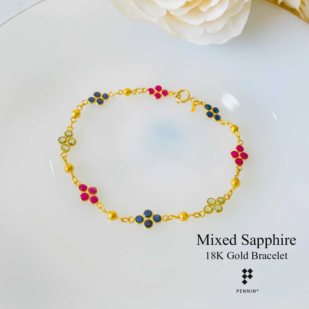 CAB0521 สร้อยข้อมือทองแท้ 18K ทับทิม เขียวส่อง ไพลิน ฝังหุ้มลายดอกไม้ คั่นทองกลม ยาว 18 cm