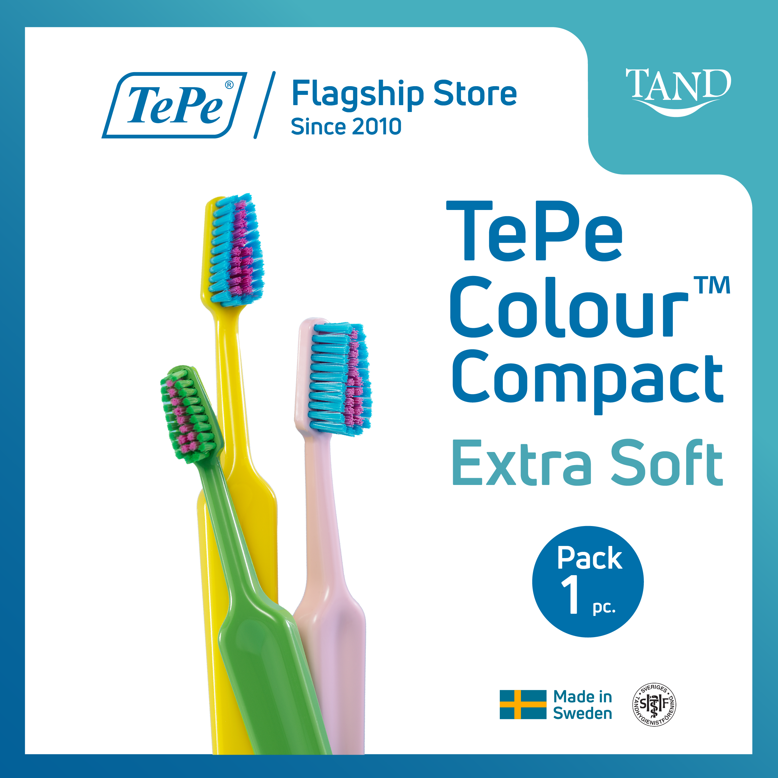 TePe Colour™ Compact X-Soft เทเป คัลเลอร์ คอมแพค หัวเแปรงกระทัดรัด ขนนุ่มพิเศษมีสีสัน(แพ็ค 1 ชิ้น)