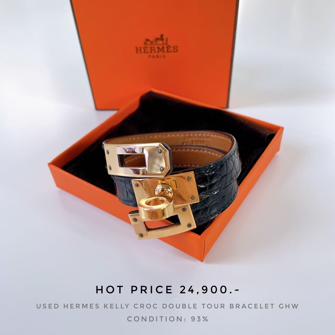 USED HERMES KELLY CROC DOUBLE TOUR BRACELET 