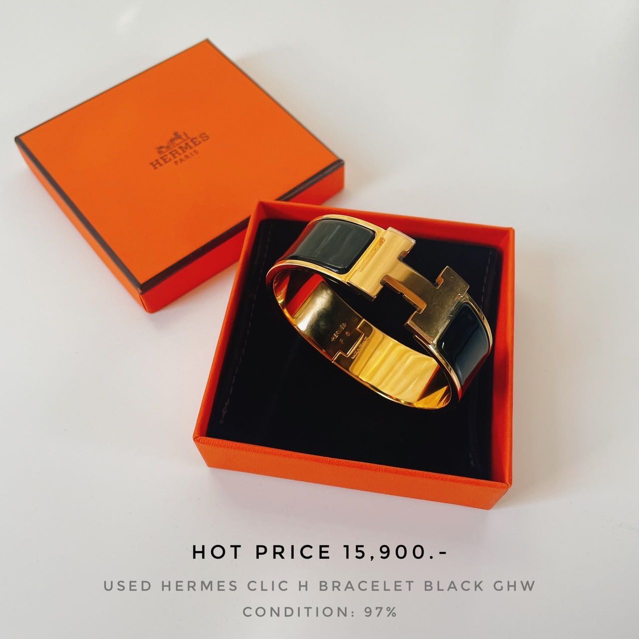 USED HERMES CLIC H BRACELET BLACK GHW