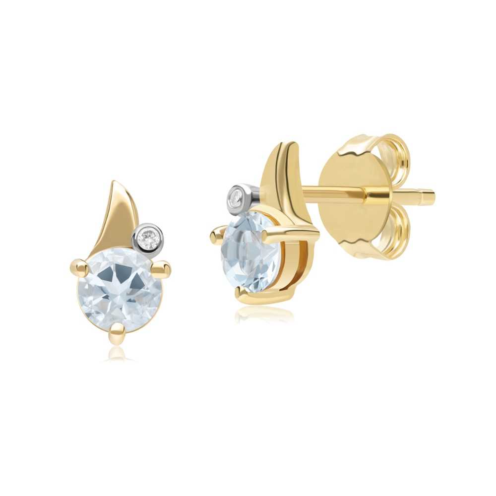 ต่างหูทองคำ 9K ประดับอะความารีน (AQUAMARINE) และเพชร ดีไซน์ใบไม้ ทรงสตัด