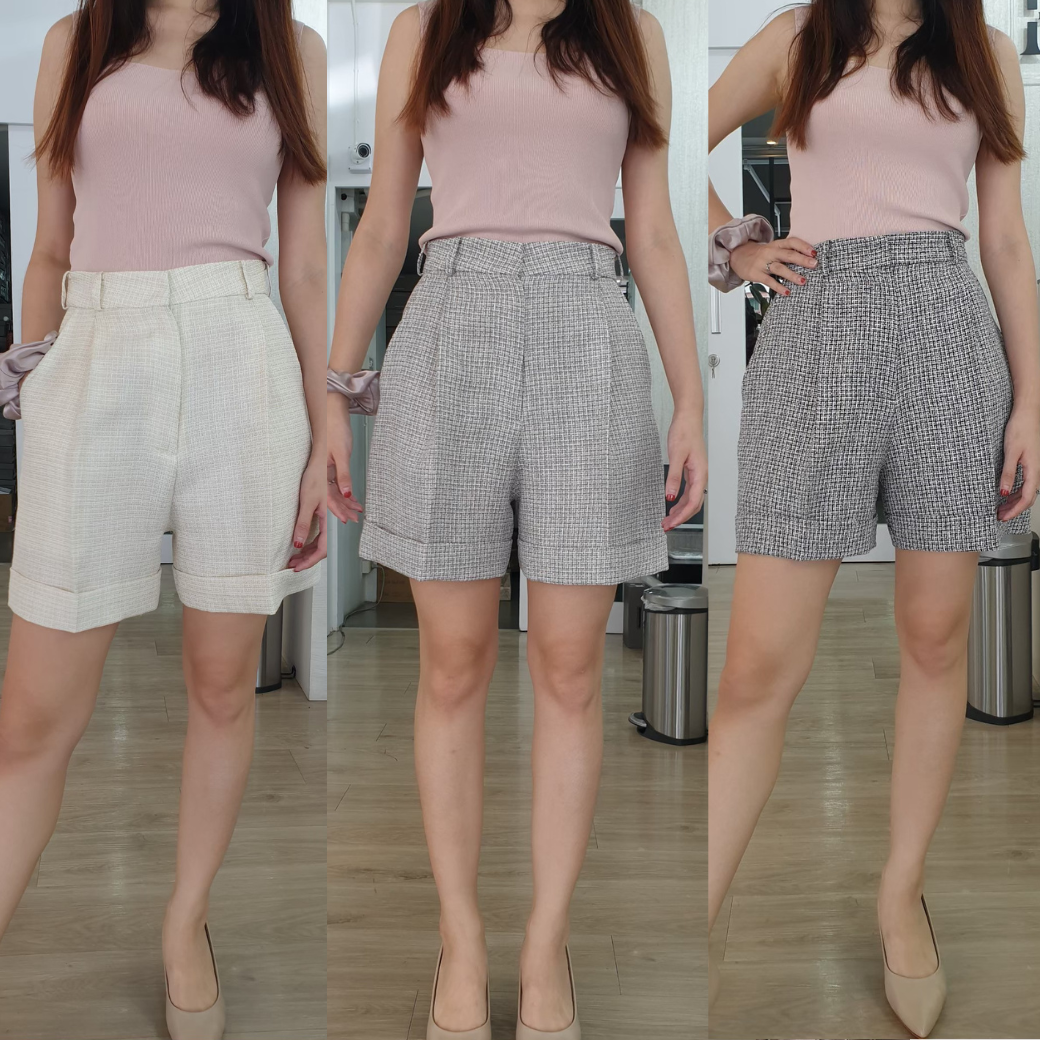 กางเกงขาสั้นเอวสูง ขากว้าง ผ้าทวีตใส่สบาย - Tweed High Waisted Shorts (BK05)