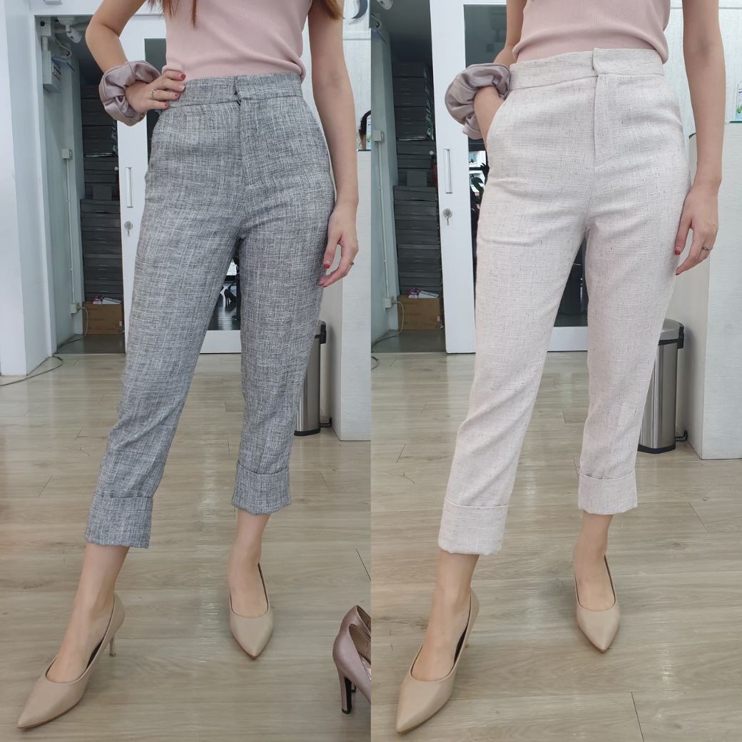 กางเกงผ้าลินิน ขายาว6ส่วน ทรงดินสอ - Linen Peg Leg Trousers (BK09)