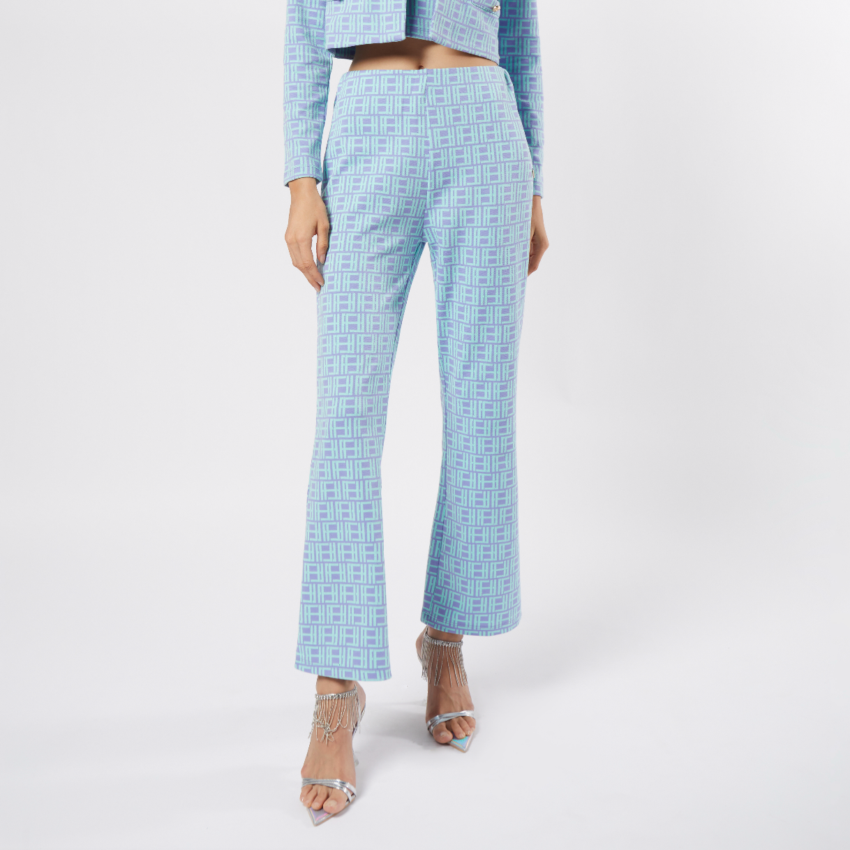 กางเกงผ้านิตทรงขากว้างลาย FF | Wide Leg Knit Trousers in FF Print | 06151