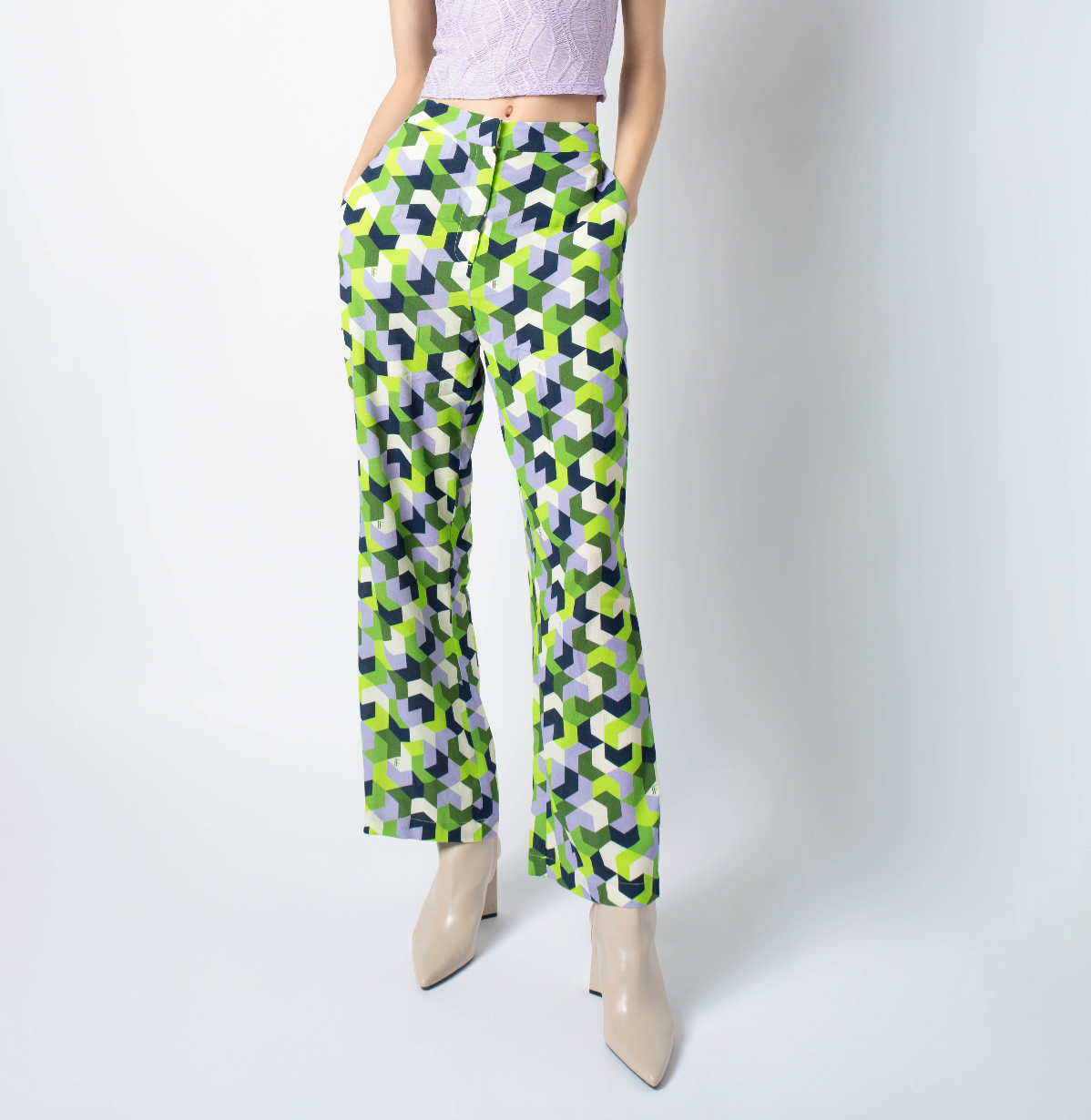 กางเกงทรงขากว้างลายจีโอเมตริก | Wide Leg Trousers in Geometric Print | 06156