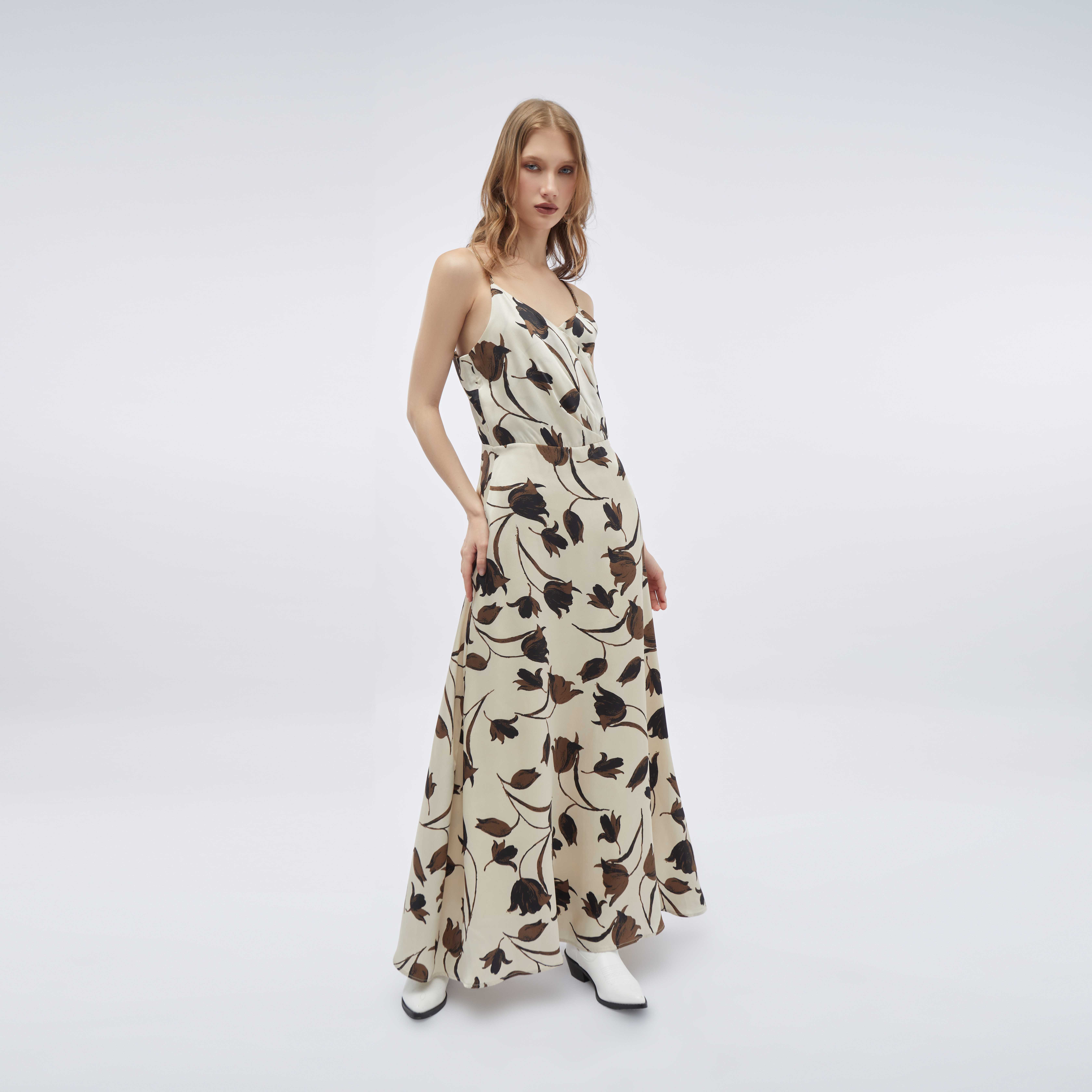 เดรสสายเดี่ยวลายทิวลิป | V-Neck Maxi Dress in Tulip Print | 06003
