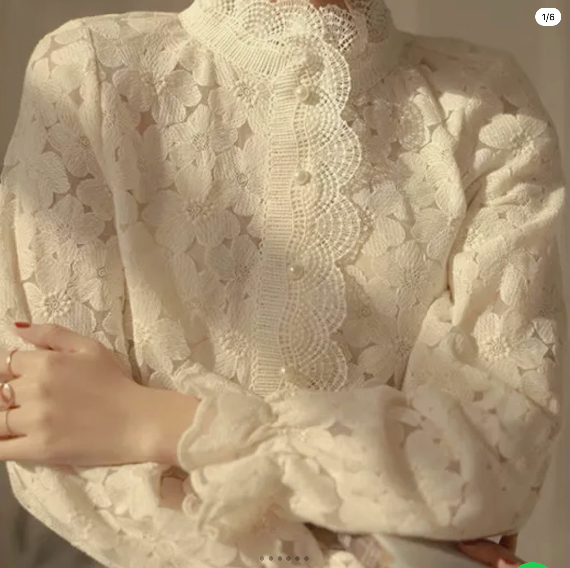 พร้อมส่ง L :Asaya2081 Spring Lace Pearl Button with French Retro Stand Collar & Trumpet Sleeve Top