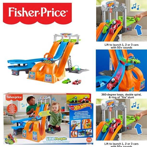 Best Seller 🇺🇸 Fisher-Price Little People Toddler Playset Hot Wheels Racing Loops Tower Race Track