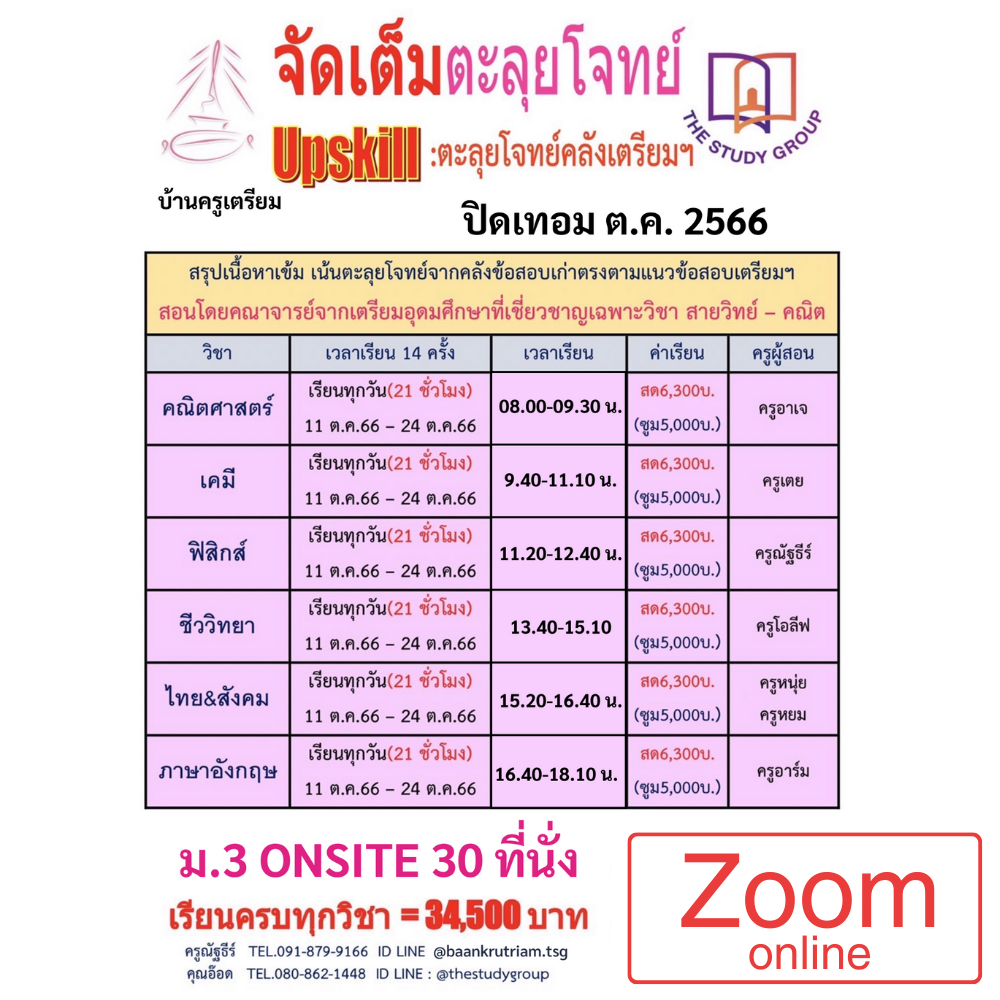 บ้านครูเตรียม คอร์สตะลุยโจทย์คลังเตรียม ปิดเทอม ต.ค. 2566 (ราคาเฉพาะเรียน Zoom)