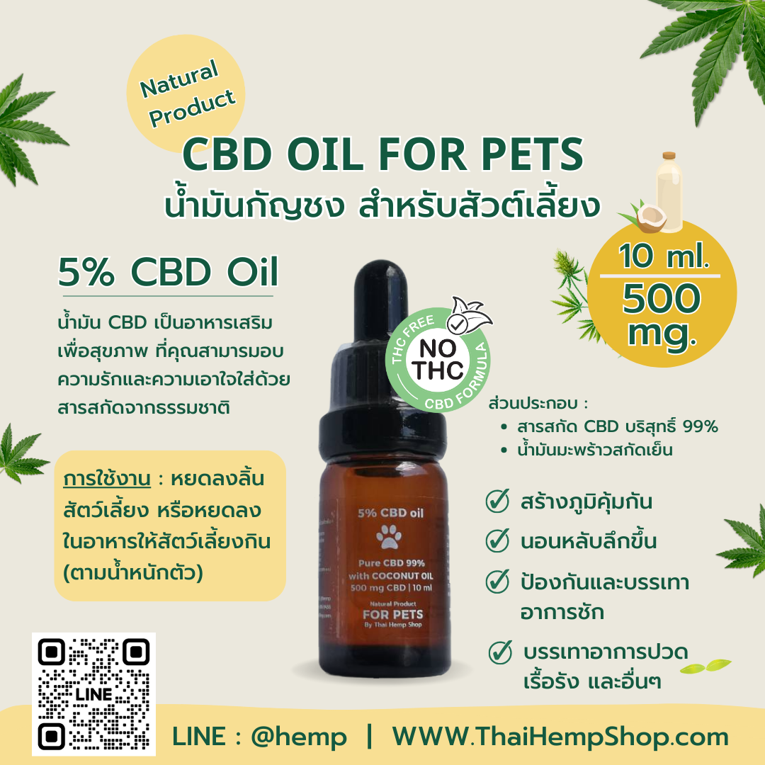 5% CBD Oil for Pets ขนาด 10 ml. สามารถช่วยสุนัขและแมวที่เป็นมะเร็ง อาการชัก อาการวิตกกังวล และอื่นๆ