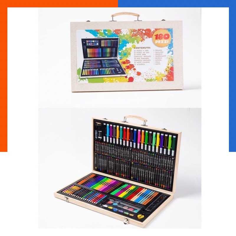 ชุดสีกล่องไม้ 180ชิ้น พร้อมส่ง มีทั้งสีไม้ สีชอล์ค สีเทียน สีน้ำ ไม้บรรทัด กบเหลา พู่กัน US.Station